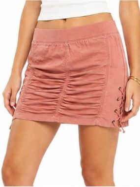Wearables Ruched Lace Up Mini Skirt Dusty Rose Stretch Y2K Festival Sm (CKB073)